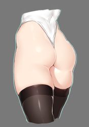 Rule 34 | 1girl, ass, ass focus, black thighhighs, brown thighhighs, close-up, from behind, grey background, head out of frame, highleg, highleg leotard, legs together, leotard, lower body, nier (series), nier:automata, qing lan, simple background, skin tight, skindentation, solo, standing, thighhighs, thighs, thong, thong leotard, white leotard, 2b (nier:automata)