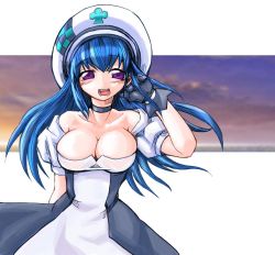 Rule 34 | 1girl, arin, beret, blue hair, blush, breasts, choker, cleavage, collarbone, gloves, hat, kobayashi tetsuya, large breasts, long hair, looking at viewer, open mouth, pangya, purple eyes, simple background, solo, white background