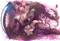 Rule 34 | 1girl, absurdres, artist logo, bat wings, blood, blood from mouth, blood in mouth, breasts, choker, cleavage, fangs, garter straps, high heels, highres, horns, huge breasts, large breasts, lips, long hair, navel, open mouth, original, parkjinsuky, pink hair, solo, splatter background, thighs, very long hair, white background, wings