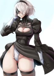 Rule 34 | 1girl, black dress, black thighhighs, blindfold, blue background, breasts, cleavage, cowboy shot, dress, gloves, gradient background, hairband, highleg, highleg leotard, highres, leotard, long hair, medium breasts, mole, mole under mouth, nico-mo, nier (series), nier:automata, parted lips, short hair, silver hair, solo, thighhighs, white background, 2b (nier:automata)