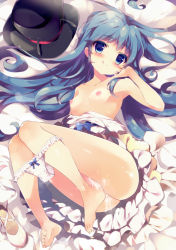 Rule 34 | 10s, 1girl, :p, antennae, barefoot, blue eyes, blue hair, blush, bow, bow panties, breasts, clothes pull, dress, dress tug, feet, happinesscharge precure!, hat, long hair, looking at viewer, lying, matching hair/eyes, nipples, on side, panties, panty pull, petite, precure, pussy, pussy juice, pussy juice trail, revision, shiratama (shiratamaco), shirayuki hime, shirt pull, shoes, unworn shoes, small breasts, smile, solo, toes, tongue, tongue out, uncensored, underwear, white panties