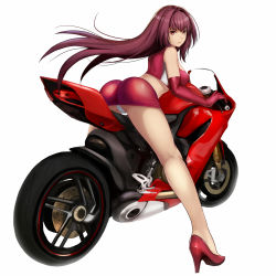 Rule 34 | 1girl, alternate costume, ass, bad id, bad pixiv id, bare legs, breasts, closed mouth, crotch seam, eyebrows, fate/grand order, fate (series), floating hair, from behind, full body, gloves, high heels, jilllxlxl, large breasts, leaning forward, long hair, looking at viewer, looking back, midriff, miniskirt, motor vehicle, motorcycle, panties, pantyshot, pink lips, purple hair, race queen, red eyes, red footwear, red gloves, red skirt, riding, scathach (fate), shoes, simple background, skirt, sleeveless, solo, underwear, upskirt, white background, white panties