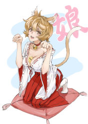 Rule 34 | 1girl, animal ears, bell, between breasts, blonde hair, breasts, cat ears, cat tail, cleavage, japanese clothes, jingle bell, miko, open mouth, original, solo, tail, yamaishi (mukoubuti), yellow eyes