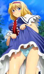 Rule 34 | 1girl, absurdres, alice margatroid, blonde hair, blue eyes, blush, breasts, closed mouth, clothes lift, day, dress, dress lift, embarrassed, from below, groin, highres, legs, looking down, medium breasts, medium hair, outdoors, panties, pantyshot, sky, solo, standing, striped clothes, striped panties, thighs, touhou, underwear, upskirt, yadokari genpachirou