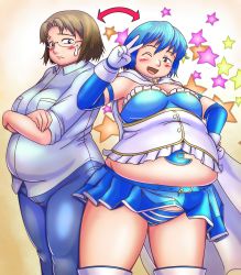 Rule 34 | 1girl, belly, blue hair, breasts, brown eyes, brown hair, cosplay, dual persona, fat, glasses, highres, large breasts, looking at viewer, mahou shoujo madoka magica, medium breasts, midriff, miki sayaka, miki sayaka (cosplay), mirei yajima, obese, open mouth, orizen, short hair, smile, standing