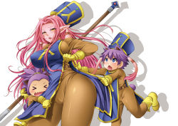 Rule 34 | &gt; &lt;, 1girl, 2boys, animal ears, ayakase riberi, blue eyes, blue hat, blue tabard, blush, bodysuit, boots, breasts, cameltoe, cat ears, cat tail, chunsoft, closed eyes, colored skin, cosplay, covered erect nipples, dragon quest, dragon quest iii, dragon quest x, enix, gloves, hat, hip focus, horns, huge breasts, long hair, looking up, mitre, multiple boys, nipples, ogre (dq10), open mouth, pink hair, pointy ears, priest (dq3), priest (dq3) (cosplay), puklipo, purple hair, red skin, shadow, short hair, simple background, skin tight, smile, square enix, tabard, tail, tattoo, weapon, white background, wide hips, yellow eyes