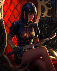Rule 34 | 1girl, black dress, black gloves, black hair, blood, bloody weapon, breasts, china dress, chinese clothes, cleavage, cleavage cutout, closed eyes, closed mouth, clothing cutout, crossed legs, dress, earrings, feet out of frame, fingerless gloves, gloves, guweiz, hair ornament, highres, holding, holding weapon, hoop earrings, jewelry, long hair, machete, medium breasts, on chair, original, puffy short sleeves, puffy sleeves, revision, short sleeves, sitting, solo, weapon