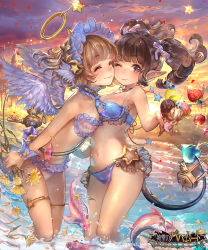 Rule 34 | 10s, 2girls, ^ ^, angel, angel and devil, angel wings, animal, bikini, black hair, blush, breasts, brown eyes, brown hair, cheek-to-cheek, cleavage, closed eyes, demon tail, closed eyes, fish, flower, food, frilled bikini, frills, fruit, glint, hair ribbon, hairband, halo, heads together, holding, holding flower, ice cream, ice cream cone, key, liiko (lodougal), looking at viewer, multiple girls, navel, ocean, one eye closed, pointy ears, ribbon, scales, shingeki no bahamut, short hair, sky, smile, standing, star (symbol), strawberry, swimsuit, tail, twintails, wading, water, wings