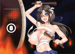 Rule 34 | 10s, 1girl, arm up, armpits, bandages, bare shoulders, black hair, blue eyes, blush, bouncing breasts, breasts, brown hair, calendar, cle masahiro, collarbone, drum, evangelion: 3.0 you can (not) redo, female focus, field, fire, glasses, headband, holding, huge breasts, instrument, large breasts, long hair, looking at viewer, makinami mari illustrious, navel, neon genesis evangelion, nipples, no shirt, open mouth, puffy nipples, rebuild of evangelion, red-framed eyewear, sarashi, shadow, simple background, smile, solo, standing, sweat, taiko, tongue, twintails, upper body, wardrobe malfunction