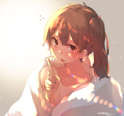 Rule 34 | 1girl, bare shoulders, brown eyes, brown hair, commentary, flying sweatdrops, gradient background, grey background, highres, index finger raised, kaga (kancolle), kantai collection, long hair, looking at viewer, open mouth, side ponytail, signature, solo, sunday aki, symbol-only commentary, towel, upper body, white background