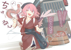 Rule 34 | 1girl, animal ears, apron, bird wings, brown kimono, bucket, commentary request, fish, hagfish (animal), head scarf, highres, japanese clothes, kawayabug, kimono, lamprey, musical note, mystia lorelei, okamisty, on one knee, open mouth, pink hair, red eyes, sandals, short hair, sleeves rolled up, slime (substance), solo, spoken musical note, tears, touhou, translation request, uneven eyes, wet, white background, wings, wooden bucket