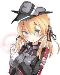 Rule 34 | 10s, 1girl, anchor hair ornament, aqua eyes, beize (garbage), black ribbon, blonde hair, blush, gloves, hair ornament, hair ribbon, hat, kantai collection, long hair, military, military uniform, own hands together, peaked cap, prinz eugen (kancolle), ribbon, simple background, smile, solo, twintails, uniform, white background, white gloves