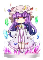 Rule 34 | 1girl, bad id, bad pixiv id, blue bow, blue ribbon, blunt bangs, blush, bow, chibi, commentary request, crescent, crescent pin, crystal, dress bow, expressionless, full body, hair ribbon, hat, hat ribbon, hfan5283, highres, long hair, long sleeves, looking at viewer, patchouli knowledge, platform, purple eyes, purple hair, red bow, red ribbon, ribbon, simple background, solo, touhou, very long hair, white background, wide sleeves, yellow neckwear, yellow ribbon