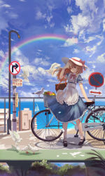 Rule 34 | 1girl, absurdres, apron, arm support, bag, basket, bicycle, bicycle basket, bird, black footwear, blue dress, blue sky, boat, bow, bowtie, brown eyes, cloud, day, dove, dress, flower, frilled dress, frills, handbag, hat, hat bow, hat ribbon, highres, horizon, kana anaberal, lens flare, light smile, long hair, mag (huangmag), mary janes, ocean, outdoors, pigeon, plant, puffy short sleeves, puffy sleeves, railing, rainbow, red bow, red bowtie, red ribbon, ribbon, road sign, ruffling hair, sailboat, shadow, shoes, short sleeves, sign, sky, socks, solo, standing, sun hat, sunlight, touhou, touhou (pc-98), waist apron, watercraft, white socks, wind