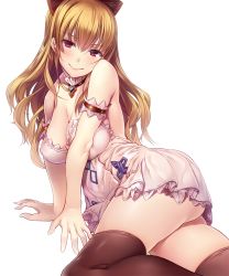 Rule 34 | 10s, 1girl, armlet, ass, bare shoulders, black bow, black thighhighs, blonde hair, blush, bow, breasts, cleavage, collarbone, covered erect nipples, detached collar, dress, granblue fantasy, hair between eyes, hair bow, lace, lace-trimmed dress, lace trim, long hair, looking at viewer, lying, matsukawa (pale scarlet), on side, pink eyes, short dress, simple background, smile, solo, thighhighs, vira (granblue fantasy), white background, white dress