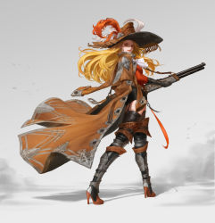 Rule 34 | 1girl, absurdres, armor, black gloves, black thighhighs, blonde hair, brown coat, brown hat, closed mouth, coat, coat on shoulders, dust, earrings, feathers, garter straps, gloves, goyoyoo, greaves, gun, hat, hat feather, high heels, highres, holding, holding gun, holding weapon, hoop earrings, jacket, jacket on shoulders, jewelry, long hair, looking back, orange eyes, original, red lips, rifle, smile, solo, thighhighs, weapon