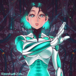 Rule 34 | 1girl, android, aqua hair, black hair, cable, glowing, jun sung kwak, looking at viewer, mechanical parts, multicolored hair, muscular, original, outstretched arm, parted bangs, parted lips, ribs, science fiction, short hair, solo, spine, tears, translucent, wire