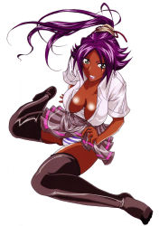 Rule 34 | 1girl, bleach, breasts, clothes lift, covered erect nipples, dark-skinned female, dark skin, female focus, highres, kairanban, large breasts, nipples, panties, shihouin yoruichi, simple background, sitting, skirt, skirt lift, solo, striped clothes, striped panties, thighhighs, underwear