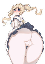 Rule 34 | 1girl, absurdres, artist request, ass, barbara (genshin impact), bare shoulders, blonde hair, blue eyes, blush, breasts, cameltoe, dress, drill hair, from behind, from below, genshin impact, gloves, hair ornament, highres, huge ass, leaning, leaning forward, long hair, looking at viewer, looking back, medium breasts, pantyhose, pout, sideboob, skirt, solo, twin drills, twintails, upskirt, white pantyhose