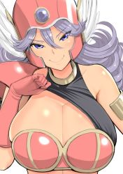 Rule 34 | 1girl, are (arearee), armor, bikini armor, blue eyes, breasts, cleavage, dragon quest, flashing, gloves, purple hair, smile, soldier (dq3), solo, undressing