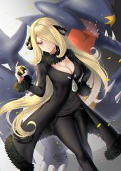 Rule 34 | 1girl, absurdres, artist name, black coat, black nails, black pants, black shirt, blonde hair, breasts, cleavage, coat, creatures (company), cynthia (pokemon), feet out of frame, floating hair, fur-trimmed jacket, fur collar, fur trim, game freak, garchomp, gen 4 pokemon, grey eyes, hair ornament, hair over one eye, hand on own hip, highres, holding, holding poke ball, jacket, large breasts, long hair, nail polish, nintendo, pants, poke ball, pokemon, pokemon (creature), pokemon dppt, revision, ryuuneart, shirt, ultra ball, very long hair