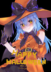 Rule 34 | 1girl, 2020, absurdres, belt, belt buckle, black background, black belt, black bow, black gloves, black neckwear, blue hair, blush, bow, buckle, closed mouth, colored eyelashes, dated, detached sleeves, dress shirt, gloves, hair between eyes, happy halloween, hat, hat bow, highres, long hair, looking at viewer, nukogami (minniecatlove21), orange hat, orange shirt, orange sleeves, rimuru tempest, shirt, short sleeves, sleeveless, sleeveless shirt, smile, solo, straight hair, tensei shitara slime datta ken, very long hair, witch, witch hat, yellow eyes