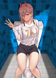 Rule 34 | 1girl, arm up, black shorts, chainsaw man, cross-shaped pupils, demon girl, demon horns, highres, horns, long hair, long sleeves, middle w, pink hair, power (chainsaw man), red eyes, red horns, shirt, shorts, sitting, smile, solo, symbol-shaped pupils, toilet, w, white shirt, xiver9
