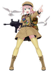 Rule 34 | 1girl, assault rifle, backpack, badge, bag, belt, beret, bird, boots, button badge, dmm, dove, dress, green eyes, gun, hat, highres, holding, holding gun, holding weapon, houriigurei, legs apart, long hair, long sleeves, military, military uniform, necktie, open mouth, outstretched arm, pink hair, pointing, ponytail, rifle, shooting girl, simple background, smile, smiley face, soldier, solo, swiss flag, thighhighs, uniform, weapon, white background, wide stance, zettai ryouiki