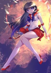 Rule 34 | 1girl, back bow, bishoujo senshi sailor moon, black hair, bow, bowtie, circlet, covered navel, elbow gloves, fire, gem, gloves, high heels, highres, himehachi (hime8manga), hino rei, jewelry, long hair, magical girl, ofuda, purple bow, purple bowtie, purple eyes, red footwear, red gemstone, red sailor collar, red skirt, sailor collar, sailor mars, sailor senshi, sailor senshi uniform, skirt, solo, tiara, white gloves