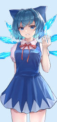 Rule 34 | 1girl, absurdres, bad id, bad pixiv id, blue background, blue bow, blue dress, blue eyes, blue hair, blush, bow, bowtie, breasts, cirno, closed mouth, collar, collared shirt, dress, hair between eyes, hand up, highres, ice, ice wings, light, looking to the side, magic, medium breasts, puffy short sleeves, puffy sleeves, red bow, red bowtie, shirt, short hair, short sleeves, simple background, smile, solo, standing, teeth, touhou, white shirt, wings, zoe (z o e 7)