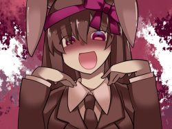 Rule 34 | 1girl, animal ears, blazer, bow, rabbit ears, chocolate, commentary request, dress shirt, hair ribbon, hammer (sunset beach), jacket, looking at viewer, necktie, open mouth, red eyes, reisen udongein inaba, ribbon, shirt, smile, solo, touhou, upper body, valentine
