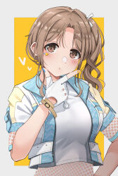 Rule 34 | 1girl, :t, blush, breasts, cropped jacket, cropped shirt, emu 1316, fingerless gloves, fingernails, gloves, hand on own chin, highres, ichikawa hinana, idolmaster, idolmaster shiny colors, large breasts, light brown hair, looking at viewer, nail polish, parted bangs, shirt, short sleeves, side ponytail, solo, stroking own chin, upper body, white shirt