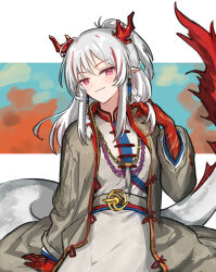 Rule 34 | arknights, closed mouth, dragon girl, dragon horns, dragon tail, dress, grey jacket, hand up, head tilt, highres, horns, jacket, long hair, long sleeves, looking at viewer, mabing, multicolored hair, nian (arknights), open clothes, open jacket, pointy ears, ponytail, red eyes, red hair, sidelocks, silver hair, smile, streaked hair, tail, white dress