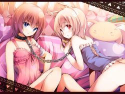 Rule 34 | 2girls, animal ear fluff, animal ears, bare arms, bed, bell, blonde hair, blue eyes, blush, bottomless, bound together, brown hair, camisole, chain, chained, chiri (atlanta), chiriko (atlanta), collar, collarbone, colorized, curtains, hair bell, hair ornament, heart, highres, leash, lingerie, linked collar, looking at viewer, looking back, multiple girls, nekojirou, open mouth, original, red eyes, stuffed animal, stuffed toy, tail, ten&#039;inkou korin, underwear, underwear only