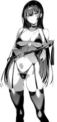 Rule 34 | 1girl, bare shoulders, bikini, bikini top only, blush, breasts, choker, cleavage, collarbone, corset, crotch zipper, dominatrix, elbow gloves, foreshortening, garter belt, garter straps, gloves, gluteal fold, greyscale, groin, hair between eyes, haitekudasai takamine-san, half-closed eyes, highleg, highleg panties, highres, hiiragi yuuichi, holding, holding whip, lace, lace-trimmed legwear, lace trim, large breasts, legs apart, long hair, looking at viewer, micro bikini, micro bikini top, monochrome, panties, parted lips, seductive smile, simple background, skindentation, smile, solo, standing, stomach, straight hair, string bikini, swimsuit, takamine takane, thighhighs, thighs, underboob, underwear, very long hair, whip, white background, zipper, zipper panties