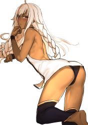 Rule 34 | 1girl, ass, back, backless outfit, barefoot, black panties, blush, braid, dark-skinned female, dark skin, fate/grand order, fate (series), highres, i-pan, lakshmibai (fate), long hair, open mouth, panties, red eyes, simple background, solo, underwear, very long hair, white background, white hair