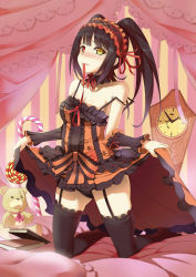 Rule 34 | 10s, 1girl, bare shoulders, bed, black hair, black thighhighs, blush, book, breasts, candy, candy cane, canopy, chin strap, cleavage, clock, clock eyes, clothes lift, curtains, date a live, dress, food, garter belt, garter straps, hairband, heterochromia, highres, kneeling, lolita fashion, lolita hairband, long hair, looking at viewer, mouth hold, no shoes, panties, red eyes, ribbon, skirt, skirt lift, solo, strap slip, stuffed animal, stuffed toy, symbol-shaped pupils, teddy bear, thighhighs, tokisaki kurumi, twintails, underwear, uneven twintails, untying, upskirt, yellow eyes, yonoki