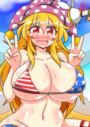 Rule 34 | 2girls, @ @, american flag bikini, american flag legwear, american flag print, anger vein, animal ears, beach, bikini, blonde hair, blue sky, blush, bottomless, breasts, cloud, clownpiece, curvy, day, double v, eyebrows, fairy wings, fang, flag print, full-face blush, gun to head, hands up, hat, highres, huge breasts, jester cap, long hair, lunatic gun, multiple girls, navel, nervous sweating, no panties, open mouth, out of frame, outdoors, print bikini, rabbit ears, red eyes, reisen udongein inaba, rindou (p41neko), skindentation, sky, smile, stomach, sweat, swimsuit, tears, thick thighs, thighhighs, thighs, touhou, trembling, v, very long hair, wide hips, wings, yellow pupils