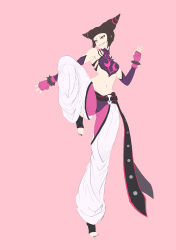 Rule 34 | 1girl, absurdres, bare shoulders, barefoot, black hair, capcom, detached sleeves, drill hair, evil grin, evil smile, fighting stance, fingerless gloves, flat color, gloves, grin, halterneck, halterneck, han juri, highres, looking to the side, navel, pink background, pino-kino, smile, solo, street fighter, street fighter iv (series), toeless legwear, twin drills
