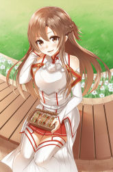 Rule 34 | 10s, 1girl, :d, armor, asuna (sao), bad id, bad pixiv id, bare shoulders, blush, breastplate, brown eyes, brown hair, detached sleeves, flower, food, grass, heirou, highres, long hair, looking at viewer, open mouth, sandwich, sitting, smile, solo, sword art online, thighhighs, white thighhighs