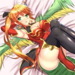 Rule 34 | 1girl, armpits, bad anatomy, breasts, chinese clothes, cleavage, cleavage cutout, clothing cutout, earrings, female focus, gloves, green eyes, jewelry, large breasts, leilan (p&amp;d), leiran (p&amp;d), long hair, lying, noeomi, puzzle &amp; dragons, red hair, side ponytail, solo, thighhighs, wings, zettai ryouiki