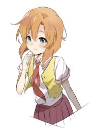 Rule 34 | 1girl, absurdres, blue eyes, collared shirt, commentary request, cosplay, hair between eyes, highres, higurashi no naku koro ni, long skirt, necktie, open clothes, open vest, orange hair, pleated skirt, red necktie, red skirt, ryuuguu rena, shirt, short hair, shosudo, simple background, skirt, solo, sonozaki mion, sonozaki mion (cosplay), vest, white background, white shirt, yellow vest