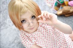 Rule 34 | blonde hair, cosplay, dress, glasses, ichigo mashimaro, mamiya tamaki, photo (medium), sakuragi matsuri, strawberry pattern