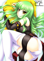 Rule 34 | 00s, 1girl, akino shin, ass, c.c., code geass, detached sleeves, green hair, long hair, looking at viewer, shorts, smile, solo, thighhighs, white thighhighs, yellow eyes