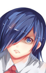 Rule 34 | 1girl, angry, blue eyes, blue hair, clenched teeth, commentary request, from above, g4265059, hair over one eye, highres, kirishima touka, looking at viewer, necktie, one eye covered, red necktie, shirt, short hair, simple background, solo, teeth, tokyo ghoul, white background, white shirt