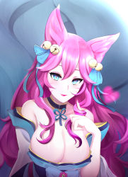 Rule 34 | 1girl, absurdres, ahri (league of legends), alternate hair color, animal ear fluff, animal ears, artist request, bell, black choker, blue ribbon, breasts, choker, cleavage, facial mark, fox ears, fox tail, hair bell, hair ornament, highres, kyuubi, large breasts, league of legends, lips, lipstick, makeup, multiple tails, nail polish, off shoulder, pink nails, ribbon, solo, spirit blossom ahri, tail, whisker markings