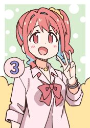 Rule 34 | 1girl, :d, blue hair, blush stickers, bow, bowtie, bracelet, commentary request, dot nose, finger counting, gyaru, hand up, hozuki kaede, jewelry, light blue hair, long hair, middle w, multicolored hair, necklace, nekotoufu, official art, onii-chan wa oshimai!, open mouth, partial commentary, pink eyes, pink hair, red bow, red bowtie, shirt, side ponytail, sleeves rolled up, smile, solo, spoken number, two-tone hair, upper body, w, white shirt, wing collar