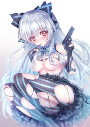 Rule 34 | 1girl, absurdres, artist name, blue hair, blush, bow, bowtie, breasts, elbow gloves, finger to mouth, girls&#039; frontline, gloves, gun, hair between eyes, hair ribbon, hand on weapon, handgun, highres, long hair, looking at viewer, martinreaction, pantyhose, partially fingerless gloves, pistol, purple eyes, ribbon, small breasts, solo, striped clothes, striped gloves, striped pantyhose, thighs, tokarev (girls&#039; frontline), tokarev tt-33, torn clothes, torn gloves, torn pantyhose, weapon, white background