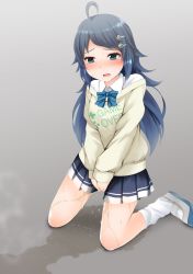 Rule 34 | 1girl, ahoge, aqua eyes, between legs, blue bow, blue bowtie, blue footwear, blue hair, blue skirt, blush, bow, bowtie, breasts, clothes writing, drooling, embarrassed, english text, female focus, full body, gokiburi no dashi, gradient background, grey background, hair ornament, hairclip, half-closed eyes, hand between legs, highres, inohara koboshi, kneeling, long hair, long sleeves, loose socks, miniskirt, nose blush, ongeki, open mouth, own hands together, peeing, peeing self, pleated skirt, puddle, saliva, school uniform, shirt, shoes, simple background, skirt, small breasts, socks, solo, steam, sweat, sweater, tears, v arms, wet, wet clothes, white shirt, white socks, yellow sweater
