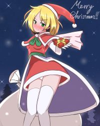 Rule 34 | 1girl, blonde hair, blue skirt, blush, bow, bowtie, breasts, christmas, closed mouth, commentary request, dress, feet out of frame, gift, gloves, green bow, green bowtie, green eyes, green sash, hat, highres, hiiro sp, holding, holding gift, holding sack, looking at viewer, medium hair, merry christmas, mizuhashi parsee, panties, pantyshot, pointy ears, red dress, sack, santa costume, santa hat, sash, showgirl skirt, skirt, sky, small breasts, solo, star (sky), starry sky, thighhighs, touhou, underwear, white gloves, white panties, white thighhighs